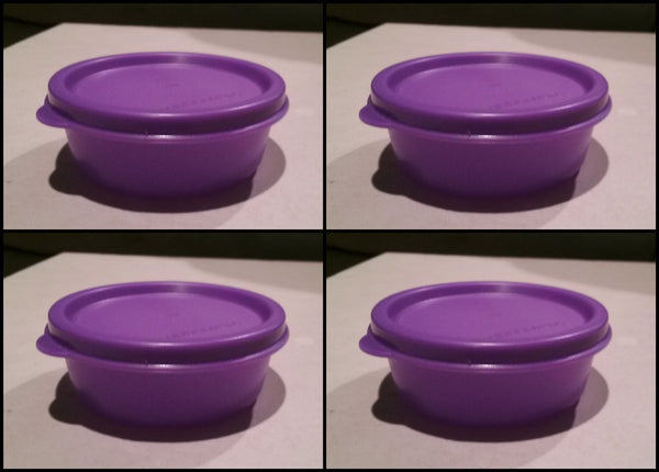TUPPERWARE Mini Snack Cups 4 SHEER BASE w/ PURPLE ~ SALSA VERDE ~ RED ~ PINK SEALS NEW