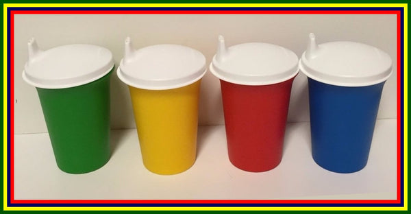 Tupperware 7-oz Bell Tumblers w/ Domed Sippy Sipper Seals Blue Yellow Red & Green NEW