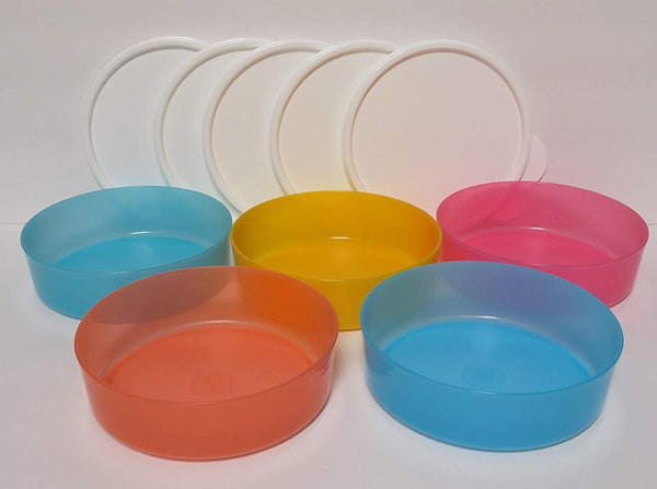 TUPPERWARE BIG WONDERS BOWL SET OF 5 COLORED BOWLS w/ SNOW WHITE TABBED SEALS - Plastic Glass and Wax ~ PGW