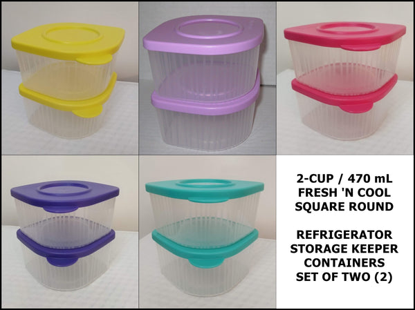 TUPPERWARE TWO 2-cup Sheer Fresh N Cool Square Round Storage Containers Keepers Grape Purple - Plastic Glass and Wax