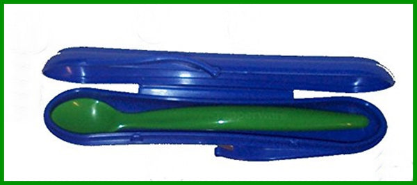 Tupperware Infant Baby Toddler Long Green Teething Feeding Spoon with Blue Travel Case