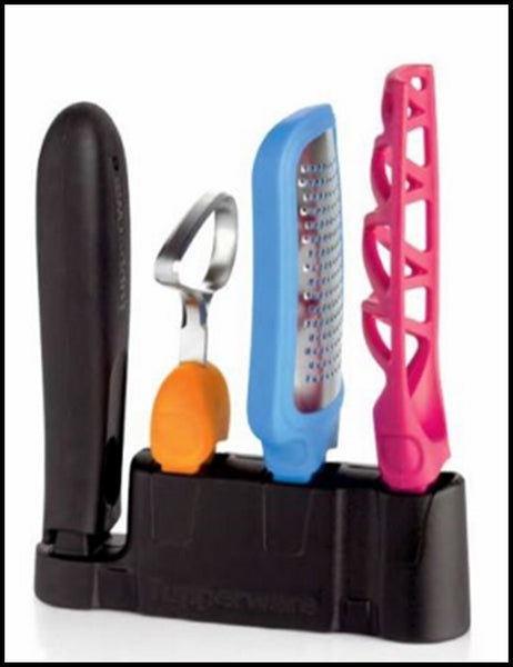 TUPPERWARE PREP CLICK-IT PEELER ACCESSORY SET 3 PEELERS 2 HANDLE 2 TRAYS GRATER WHISK SEEDER - Plastic Glass and Wax ~ PGW