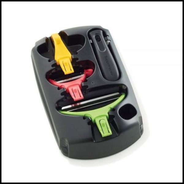 TUPPERWARE PREP ESS CLICK-IT PEELER SET 3 CONVERTIBLE PEELERS HANDLE & TRAY Vertical & Universal - Plastic Glass and Wax ~ PGW
