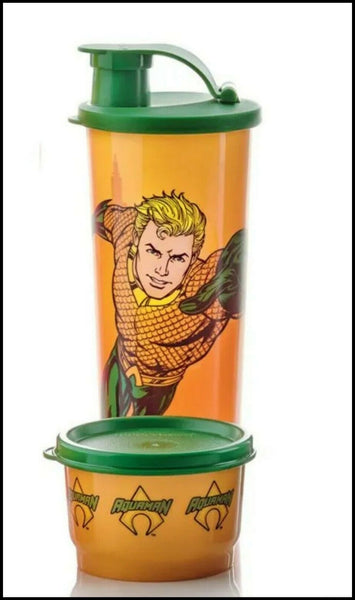 TUPPERWARE 2-Pc DC COMIC On-the-Go Snack Set Tumbler & Snack Cup - AQUAMAN - Plastic Glass and Wax ~ PGW