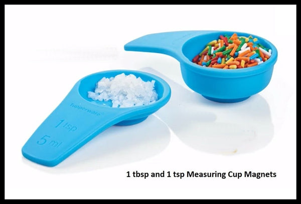 Tupperware SET / 2 MINI MAGNET MEASURE SPOONS 1 TBSP 1 TSP SPOON BLUE NEW - Plastic Glass and Wax ~ PGW