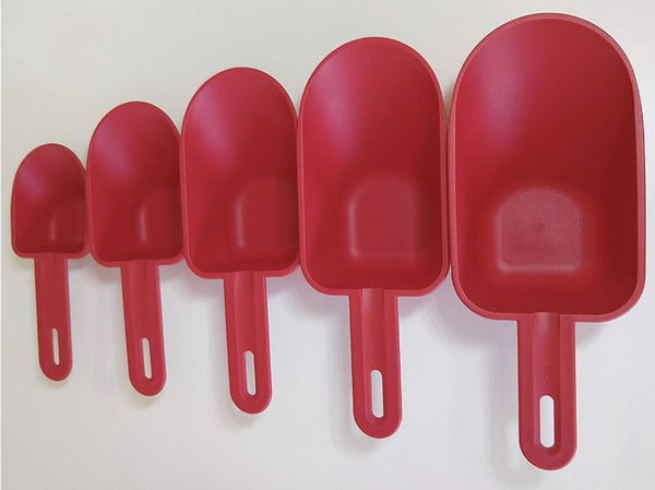 TUPPERWARE Set of 5 HOLIDAY RED Measuring Cups / Canister Modular Mates SCOOPS - Plastic Glass and Wax ~ PGW