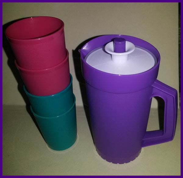 TUPPERWARE KID'S MINI 5-pc BEVERAGE SERVE-IT SET w/ PITCHER & TUMBLERS PINK & TEAL - Plastic Glass and Wax