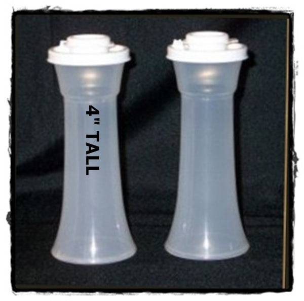 TUPPERWARE IMPRESSIONS MINI HOURGLASS SALT & PEPPER SHAKER SET SHEER / WHITE - Plastic Glass and Wax
