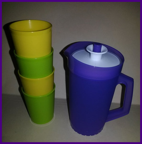TUPPERWARE KID'S MINI 5-pc BEVERAGE SERVE-IT SET TROPICAL PITCHER / MULTI TUMBLERS - Plastic Glass and Wax