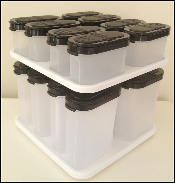 TUPPERWARE MODULAR MATES SPICE SHAKER SET 4 RED Shakers ~ 2 Tall Large & 2 Short Small - Plastic Glass and Wax