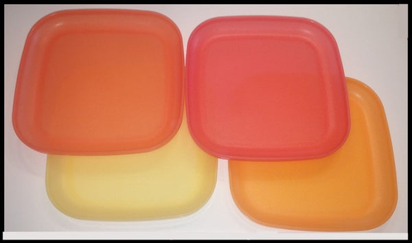 Tupperware 8" Square Microwave Luncheon Plates 4 Colored Yellow, Orange, Guava, & Mango - Plastic Glass and Wax