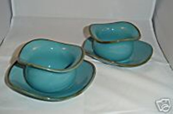 SOUTHERN LIVING AT HOME SET of 2 TUSCAN TIDBITS & SAUCERS GLAZED TURQUOISE  POTTERY