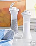 TUPPERWARE IMPRESSIONS MINI HOURGLASS SALT & PEPPER SHAKER SET SHEER / WHITE - Plastic Glass and Wax
