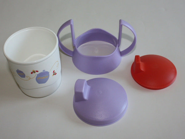 TUPPERWARE KIDS EARLY STAGES 4-Pc WINNIE the POOH HONEY BEE TODDLER TUMBLER w/ SIPPY SEAL COVER & DUAL HANDLED STAND - Plastic Glass and Wax
