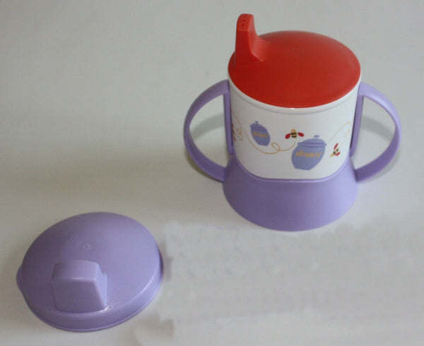 TUPPERWARE KIDS EARLY STAGES 4-Pc WINNIE the POOH HONEY BEE TODDLER TUMBLER w/ SIPPY SEAL COVER & DUAL HANDLED STAND - Plastic Glass and Wax