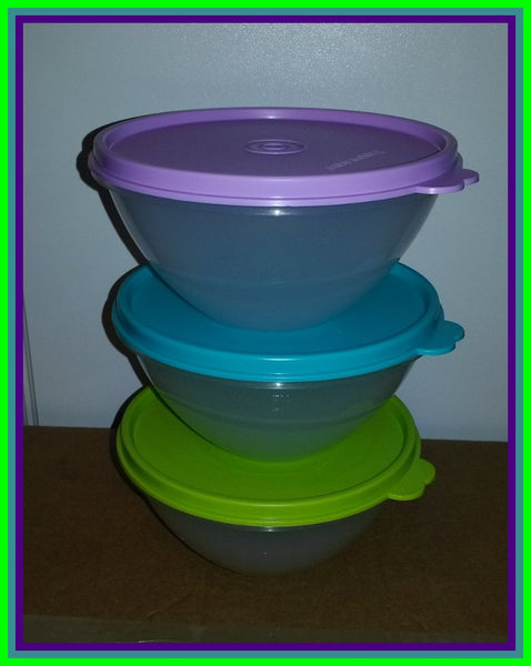 TUPPERWARE 3 Mini 2-cup Wonderlier Nesting Mixing Bowls Salsa Verde Tropical Purple Seals - Plastic Glass and Wax ~ PGW