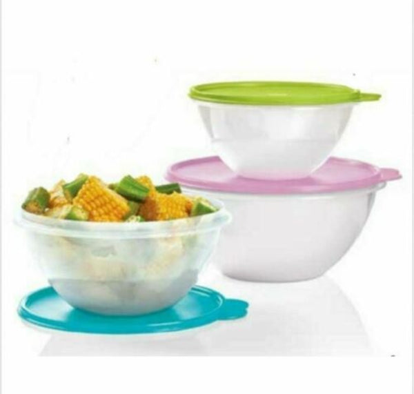 TUPPERWARE 3 Wonderlier CLEAR Nesting Mixing Bowls 6, 8.75, 12-c Purple Tropical Salsa Verde SEALS - Plastic Glass and Wax