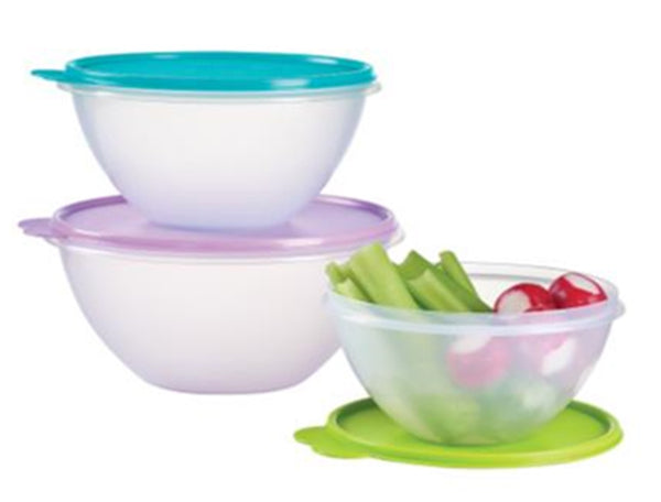 TUPPERWARE 3 Wonderlier CLEAR Nesting Mixing Bowls 6, 8.75, 12-c Purple Tropical Salsa Verde SEALS - Plastic Glass and Wax