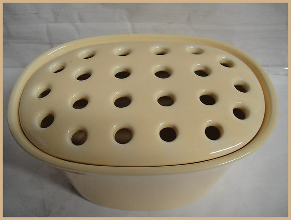 Southern Living AT HOME GLAZED CERAMIC POTTERY ARRANGE IT EASY OVAL BUTTER YELLOW VASE w/ FROG - Plastic Glass and Wax ~ PGW