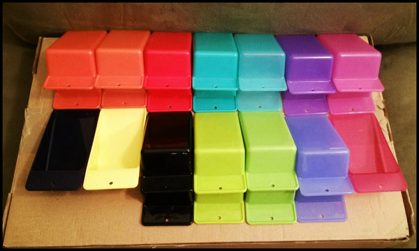 Tupperware 2 COLORED NOVELTY GADGET OPEN HOUSE FLAT CANISTER SCOOPS - Plastic Glass and Wax