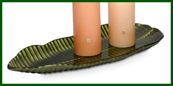 PartyLite BANANA LEAF GREEN GLASS TRAY LONG CANDLE HOLDER FOOD SAFE PLATTER NIB - Plastic Glass and Wax ~ PGW
