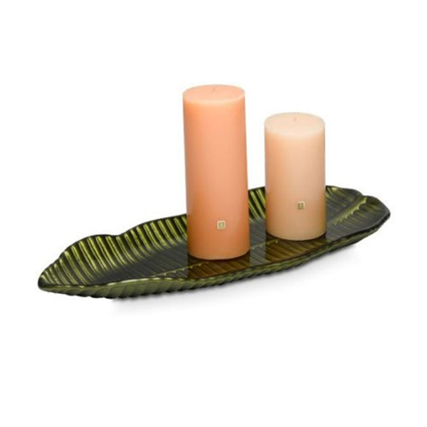 PartyLite BANANA LEAF GREEN GLASS TRAY LONG CANDLE HOLDER FOOD SAFE PLATTER NIB - Plastic Glass and Wax ~ PGW