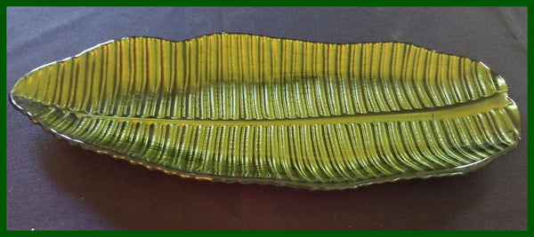 PartyLite BANANA LEAF GREEN GLASS TRAY LONG CANDLE HOLDER FOOD SAFE PLATTER NIB - Plastic Glass and Wax ~ PGW
