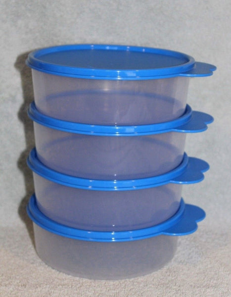 TUPPERWARE 3-cup BIG WONDERS BOWL SET OF 4 SHEER BOWLS w/ BLUE BUTTERFLY TABBED SEALS - Plastic Glass and Wax