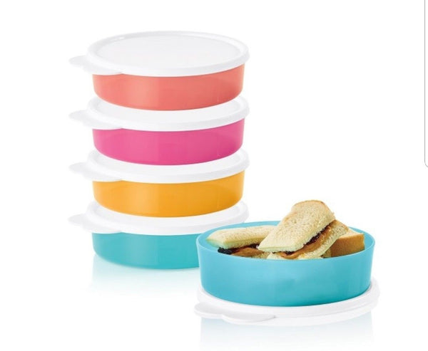 TUPPERWARE BIG WONDERS BOWL SET OF 5 COLORED BOWLS w/ SNOW WHITE TABBED SEALS - Plastic Glass and Wax ~ PGW