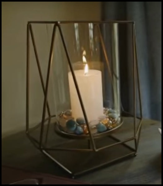 PARTYLITE ANTIQUE BRONZE METAL FACET & GLASS HURRICANE W/ TEALIGHT TREE - Plastic Glass and Wax ~ PGW