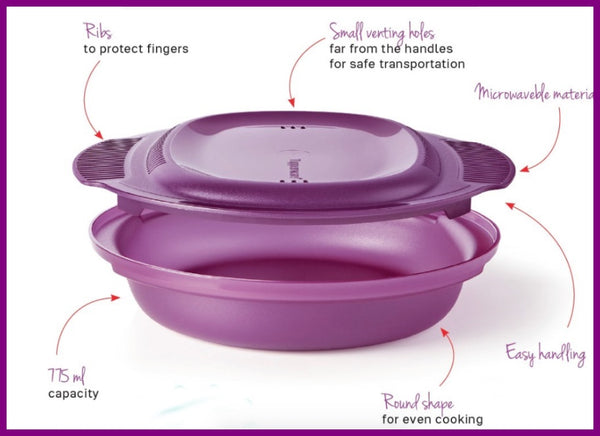 Tupperware Microwave LARGE 3-QT Round PASTA Maker / Cooker in RHUBARB PURPLE - Plastic Glass and Wax