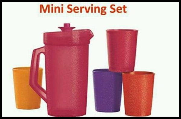 TUPPERWARE KID'S MINI 5-pc BEVERAGE SERVE-IT SET TROPICAL PITCHER / MULTI TUMBLERS - Plastic Glass and Wax