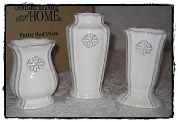 Southern Living AT HOME GLAZED CERAMIC POTTERY PETITE BUD VASE TRIO 3 STYLE VASES - Plastic Glass and Wax ~ PGW