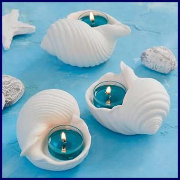 PartyLite CONCH SEA SHELL CERAMIC POTTERY TEALIGHT TRIO 3 CANDLE HOLDERS NIB - Plastic Glass and Wax