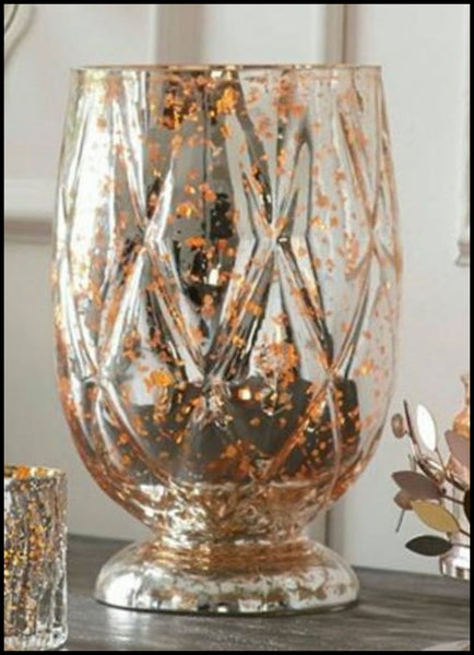 PARTYLITE SILVER & GOLD SHIMMERING HURRICANE CANDLE HOLDER w/ TEALIGHT TREE NIB - Plastic Glass and Wax ~ PGW
