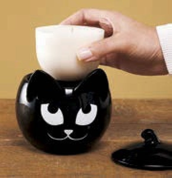 PartyLite SLY BLACK CAT REFILLABLE 2 PIECE CANDLE HOLDER TRINKET CANDY DISH - Plastic Glass and Wax ~ PGW
