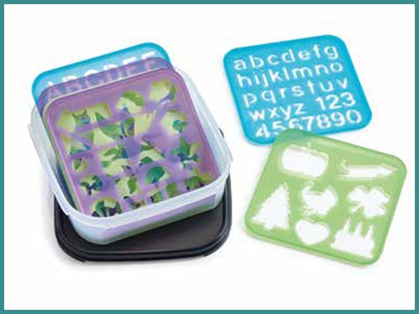 Tupperware EDUCATIONAL Set of 8 Stencil Art Set Squares of Number Letters Shapes Animals - Plastic Glass and Wax