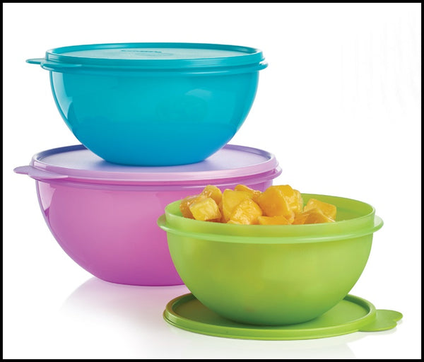 TUPPERWARE 3 Wonderlier Nesting Mixing Bowls 6-c Salsa Verde 8.75-c Tropical 12-c Purple - Plastic Glass and Wax ~ PGW
