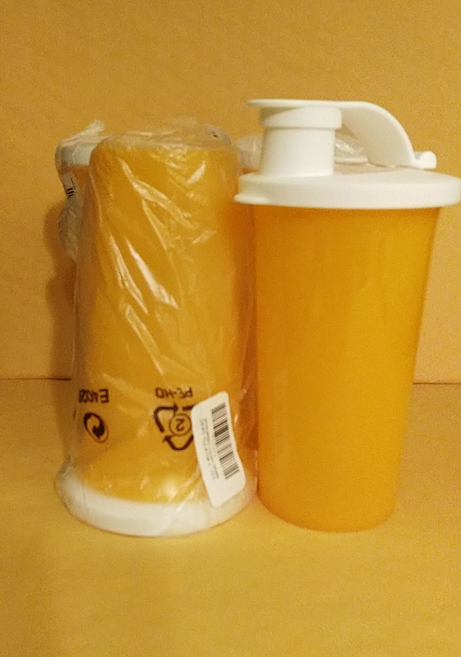 TUPPERWARE 4 10.5-oz TALL BELL TUMBLERS PAPAYA w 4 SNOW WHITE FLIP TOP SEALS