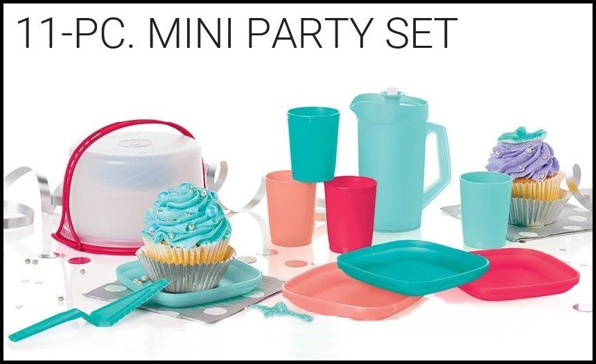 TUPPERWARE 11 Pc Mini Kids Party Cake Carrier Pitcher Tumblers Plates Server NEW
