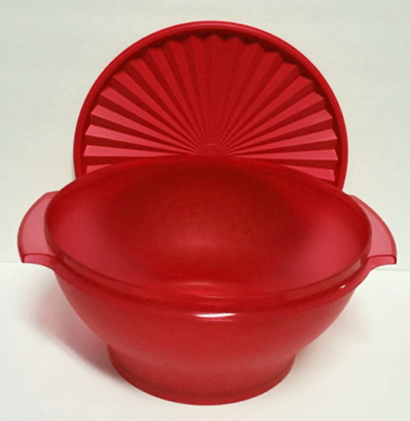 TUPPERWARE 17-cup RED SERVALIER BOWL w/ ONE-TOUCH ACCORDION ROUND SEAL - Plastic Glass and Wax