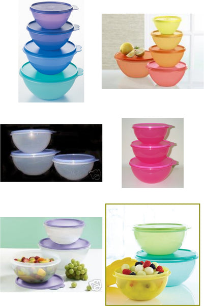 Tupperware 3 WONDERLIER NESTING BOWLS RED GREEN & SNOW WHITE w/ SEALS - Plastic Glass and Wax ~ PGW