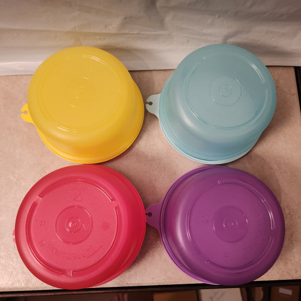 TUPPERWARE 2 Mini Serving Center Storage Container Snack Bowls Seals PURPLE DAISY (Copy) - Plastic Glass and Wax ~ PGW