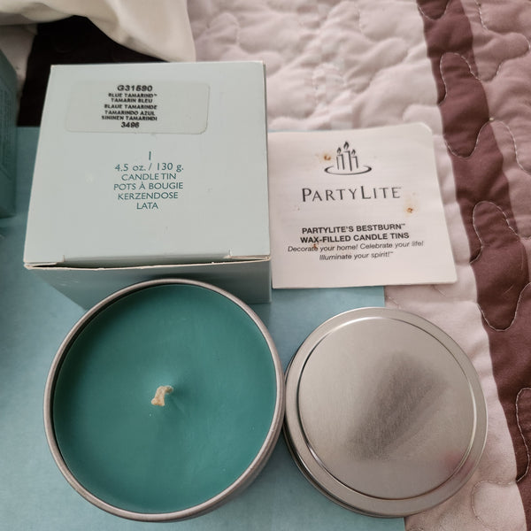 PartyLite Best Burn Wax Filled Candle Tin RARE Retired BLUE TAMARIND NIB