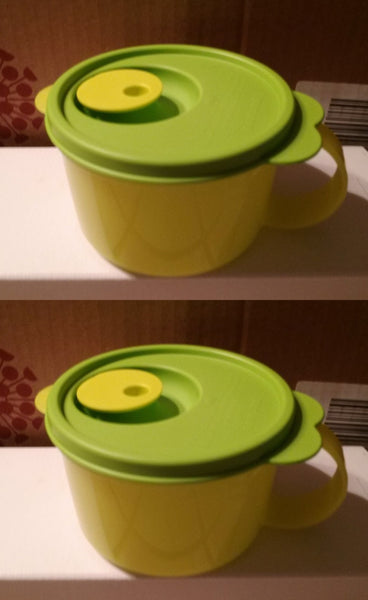 Tupperware 2 CRYSTALWAVE MICROWAVE SOUP MUGS SALSA VERDE / LIME SHADES ROUND VENT