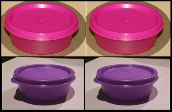 TUPPERWARE MINI SNACK CUPS BOWL SET OF 4 ~ 2 PURPLE & 2 PINK BOWLS w/ SEALS