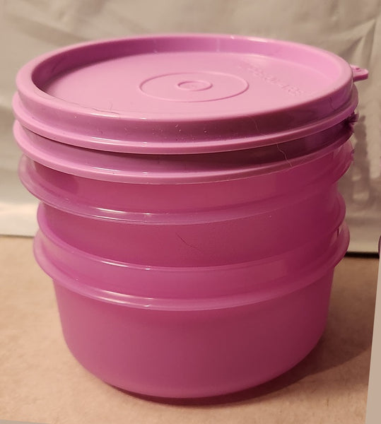 TUPPERWARE 2 Mini Serving Center Storage Container Snack Bowls Seals PURPLE DAISY (Copy) - Plastic Glass and Wax ~ PGW