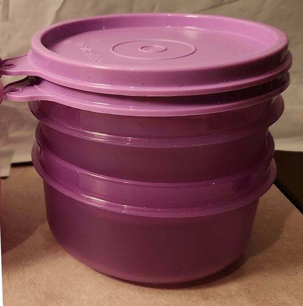 TUPPERWARE 2 Mini Serving Center Storage Container Snack Bowls Seals PURPLE DAISY (Copy) - Plastic Glass and Wax ~ PGW