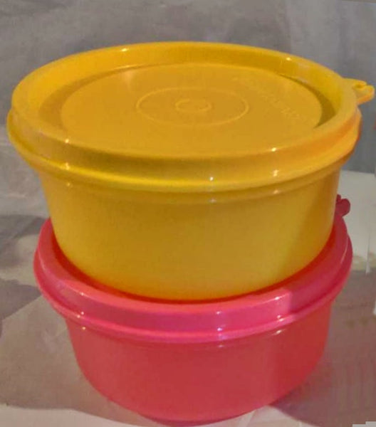 TUPPERWARE 2 Mini Serving Center Storage Container Snack Bowls Seals PURPLE DAISY (Copy) - Plastic Glass and Wax ~ PGW