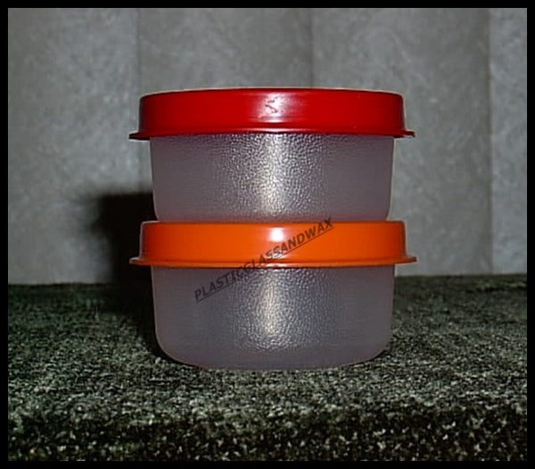 TUPPERWARE MINI SMIDGET PILL KEEPER 2 SPARKLING RED 1-OZ SMIDGETS w/ SHEER SEALS - Plastic Glass and Wax ~ PGW